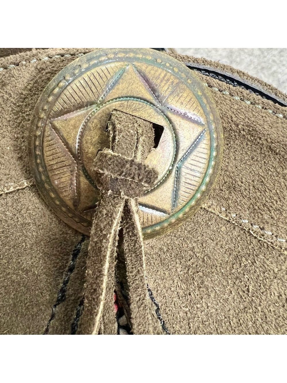 Vtg 80s Kaufman Canada green suede embroidered tassel western mid calf boots 8 - Picture 10 of 15